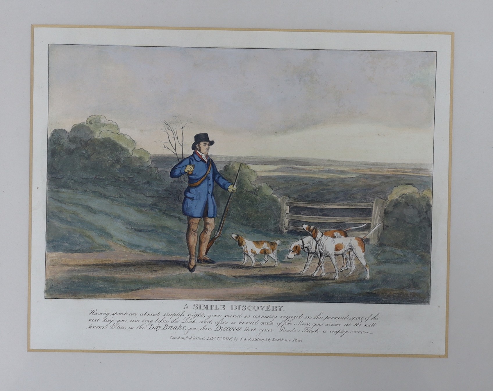 S & J Fuller Publ. 1816, a set of six coloured engravings, 'A Curious Discovery' and other shooting incidents, 21 x 28cm